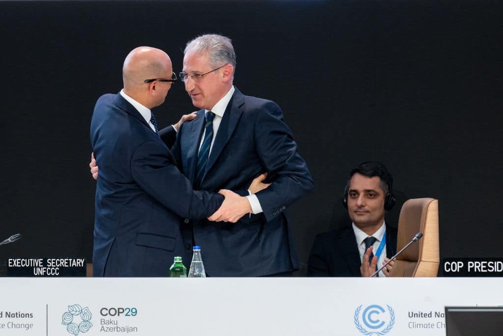 Executive Secretary of the UNFCCC Simon Stiell and COP29 President Mukhtar Babayev at the COP29 closing plenary in Baku, Azerbaijan on November 24, 2024.