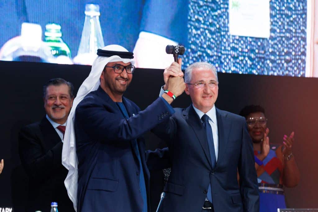 COP28 President Sultan Al Jaber and COP29 President Mukhtar Babayev during the opening ceremony of COP29 in Baku, Azerbaijan