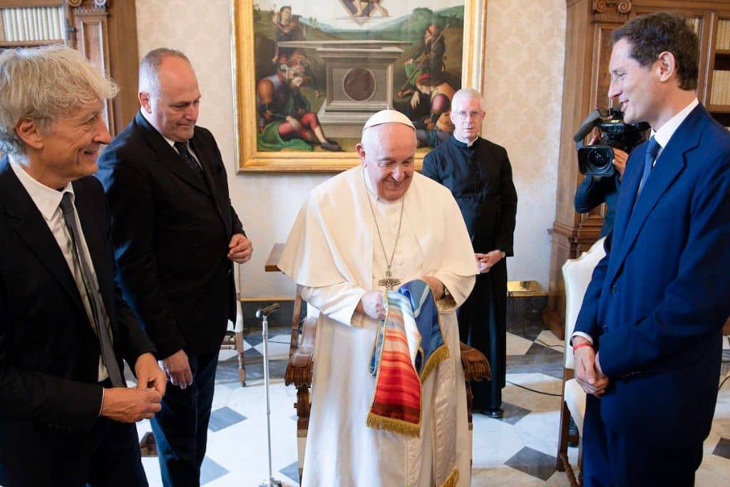 The Pope was presented with a warming stripes stole in June 2023. Image copyright: Vatican Media.