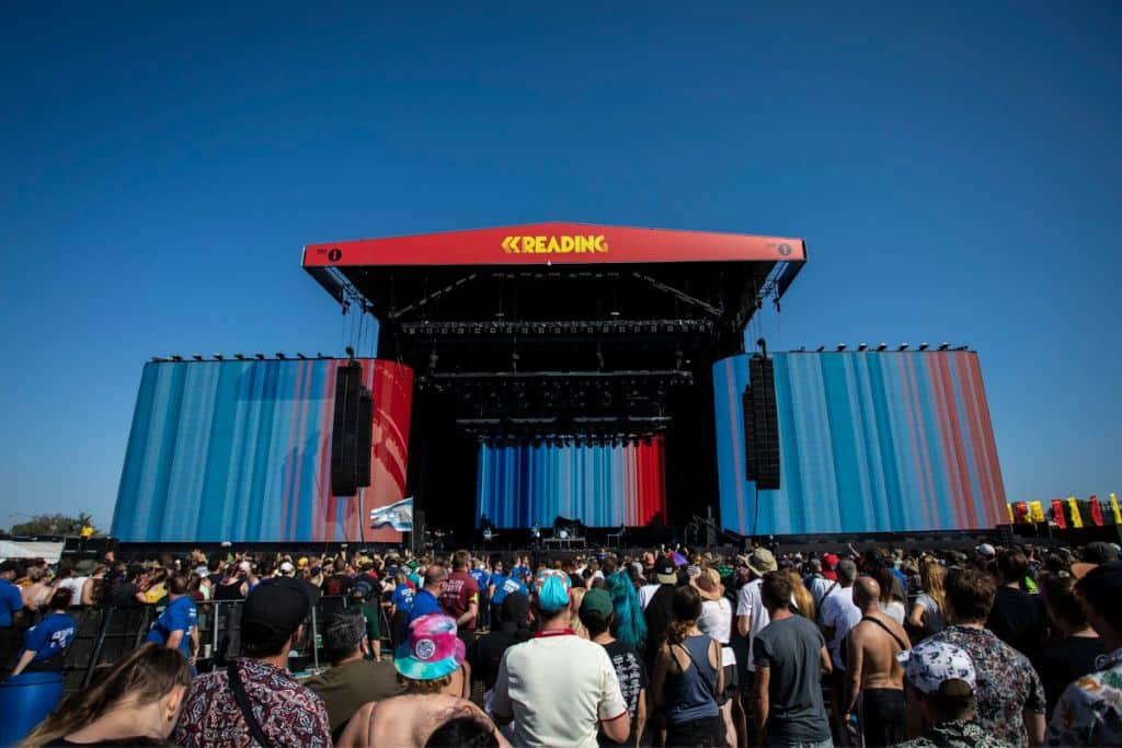 Rock band Enter Shikari displayed the climate stripes at their Reading Festival set in August 2021.