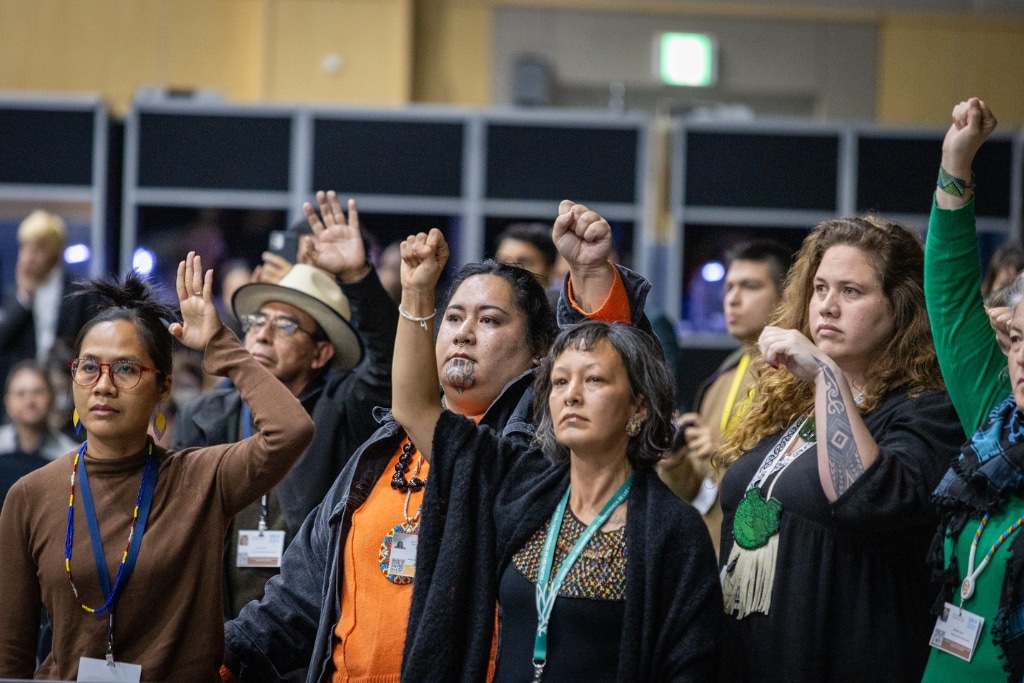 Indigenous Peoples protest at the Stocktaking Plenary of INC-5 meeting in Busan, South Korea, in November 2024.