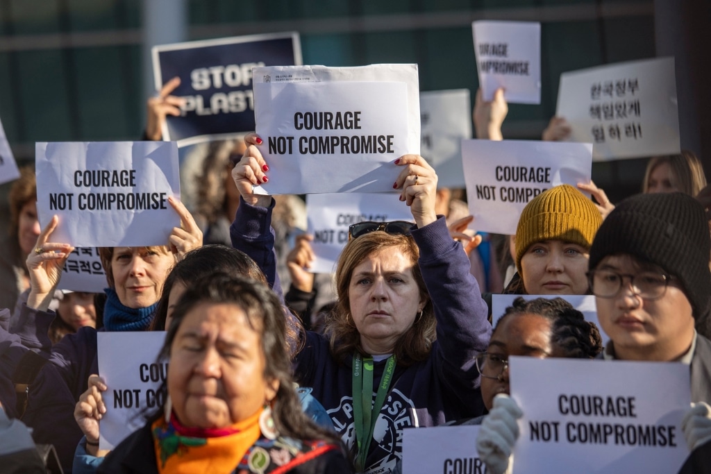 Civil society groups protest call for a stronger, legally binding plastics agreement as negotiations are underway in Busan, South Korea, in November 2024.