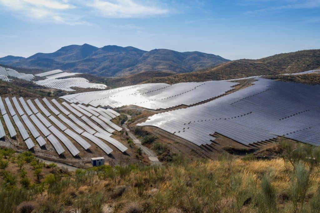 Photovoltaic power station covering valleys and hillsides in Andalucia, Spain.