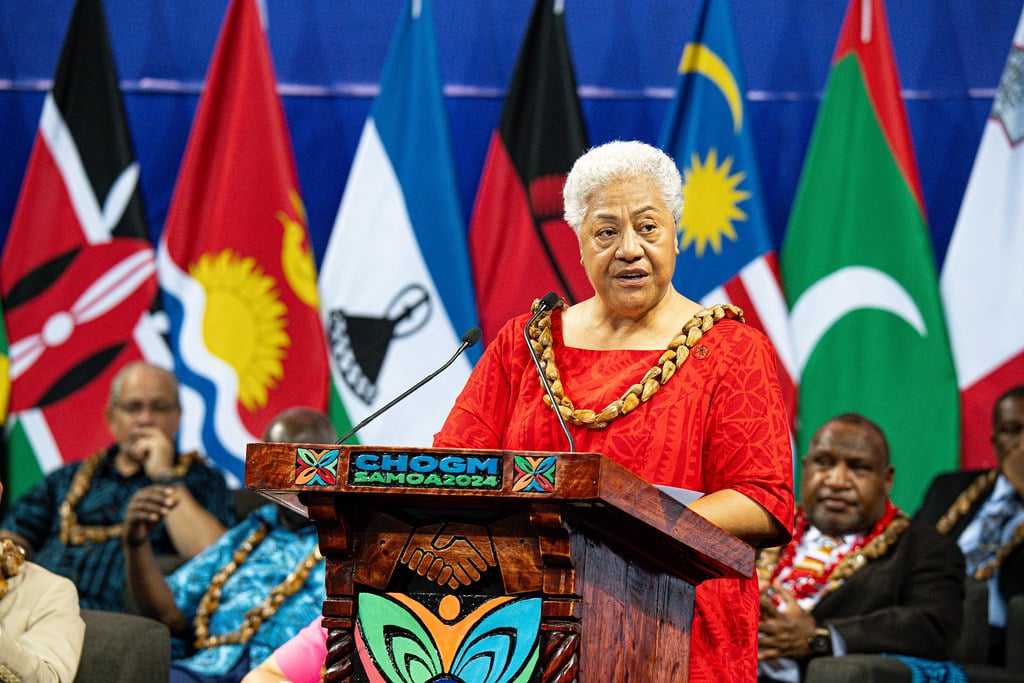 Samoan Prime Minister Afioga Fiamē Naomi Mataʻafa speaks at the opening ceremony of the 2024 Commonwealth Heads of Government Meeting (CHOGM) in Samoa