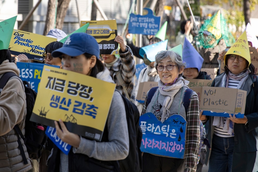 Protesters at the Busan Plastic March to mark the opening of the fifth session of the Intergovernmental Negotiating Committee to develop an international legally binding instrument on plastic pollution, in November 2024.