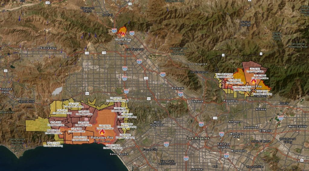 Map of active LA fires as of 5pm of January 14, 2025.