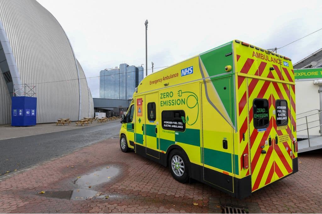 A zero emission ambulance outside the SEC at COP26.