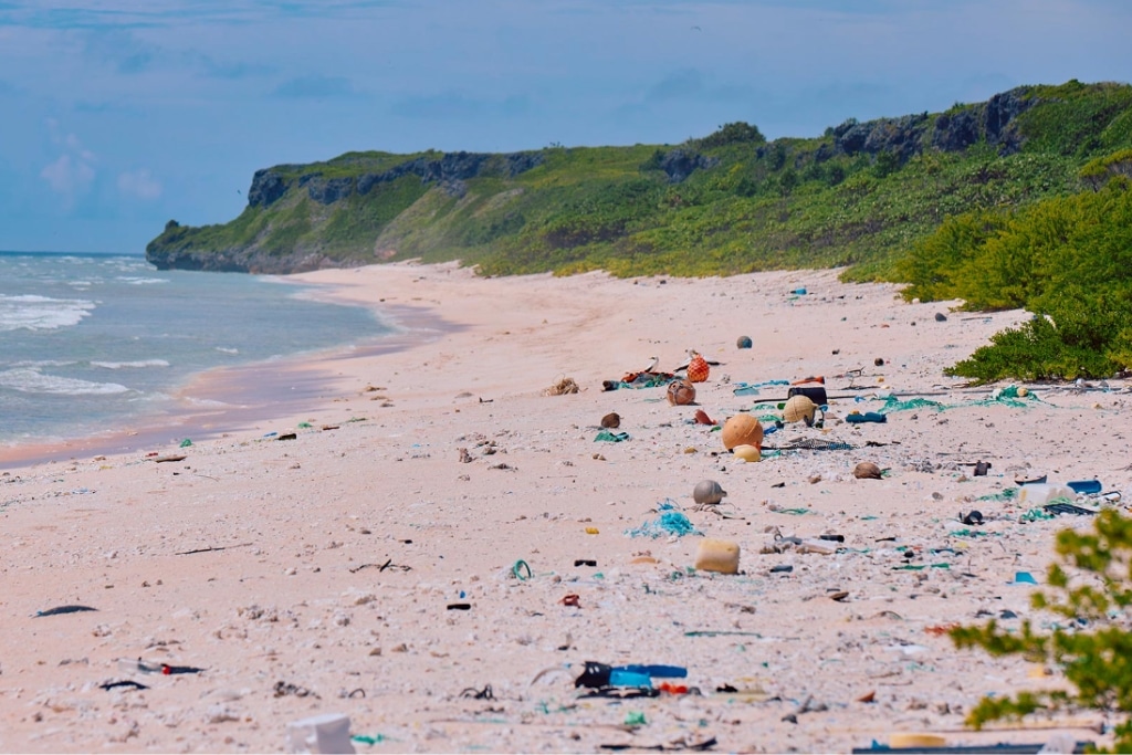 Plastic waste on a beach on Henderson Island, one of the most polluted places in the world;