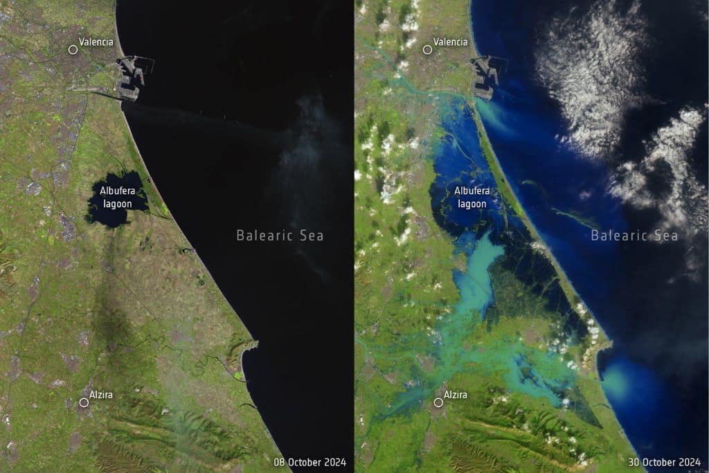 Satellite images from Landsat-8 illustrated the scale of the floods in Valencia, eastern Spain in October 2024