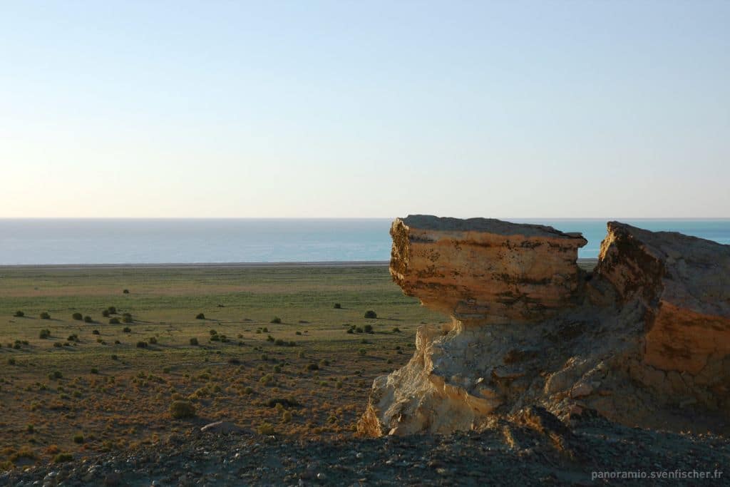 Sunrise on the Aral Sea from the top of the Ustyurt Plateau cliff, Karakalpakstan, Uzbekistan in 2012