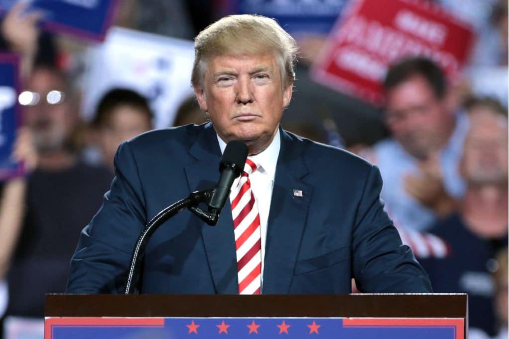 Donald Trump speaking with supporters at a campaign rally at the Prescott Valley Event Center in Prescott Valley, Arizona in 2016.