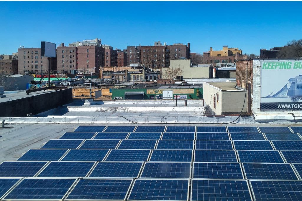 Solar panels on a roof in Queens, New York.