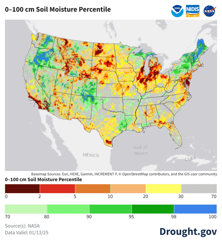 Map showing soil moisture percentile across the US in January 2025.