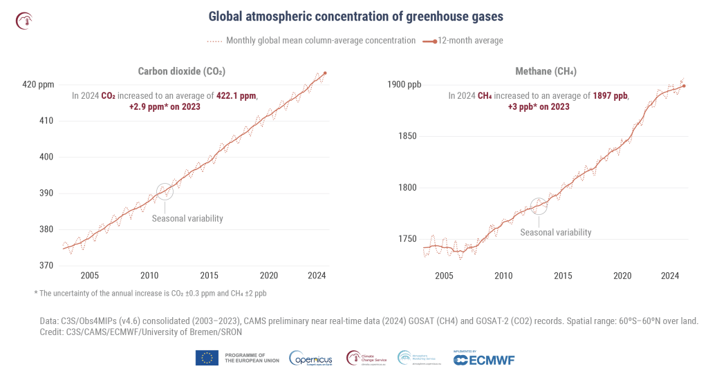 Graph showing global atmospheric concentrations of greenhouse gases in 2024.