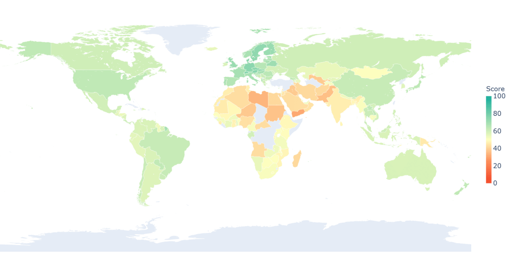 The 2023 Green Growth Index Map: A report card on the sustainability goals of 154 countries, scoring from 20 to 77. Europe is at the forefront, with Switzerland securing the top spot. Dive into insights across resource use, natural capital, the green economy, and social inclusion.