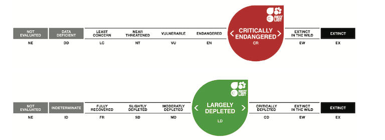 An example of the conservation status category delineated in a Red List assessment (top) and a recovery state category delineated in a Green Status of Species assessment (bottom); IUCN Red List.