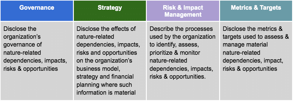 Main pillars of the Taskforce on Nature-related Financial Disclosures (TNFD) recommendations.