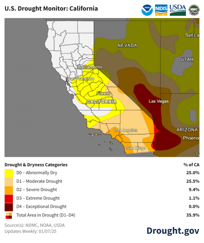 Map of drought conditions in the western US state of California in January 2025.