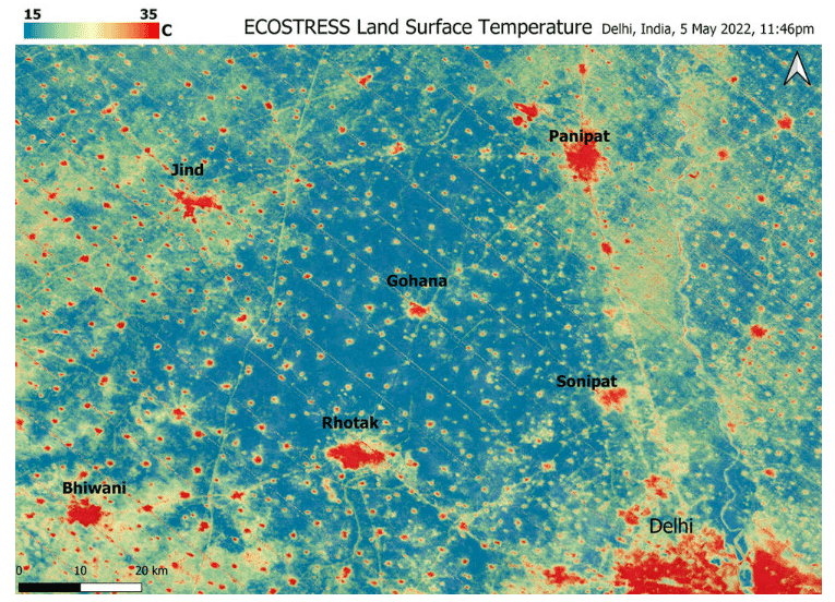 The urban heat islands of Delhi and smaller villages peaked at 39C, while nearby fields were much more relaxed. Image: NASA Ecostress.